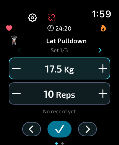 Workout with weight, reps, heart rate and calories in BarbellPin for Apple Watch