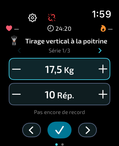 Entraînement avec poids, répétitions, fréquence cardiaque et calories dans BarbellPin pour Apple Watch
