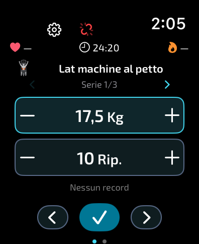 Allenamento con peso, ripetizioni, frequenza cardiaca e calorie in BarbellPin per Apple Watch