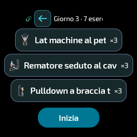 Dettaglio di una scheda con i relativi esercizi nell'app BarbellPin per Wear OS