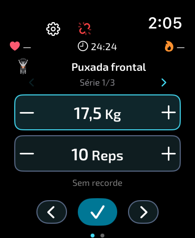 Treino com peso, repetições, frequência cardíaca e calorias no BarbellPin para Apple Watch