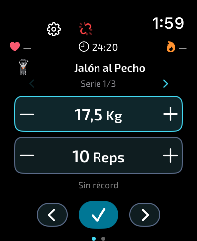 Entrenamiento con peso, repeticiones, pulso y calorías en BarbellPin para Apple Watch